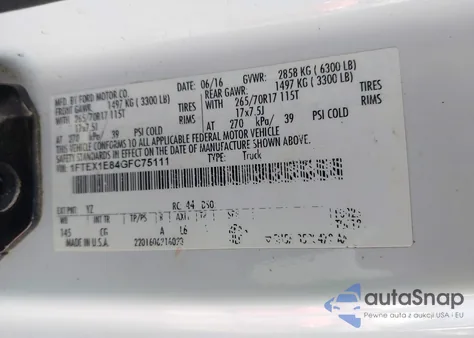 2016 Ford F-150 Xl z USA, uszkodzony, nr VIN 1FTEX1E84GFC75111